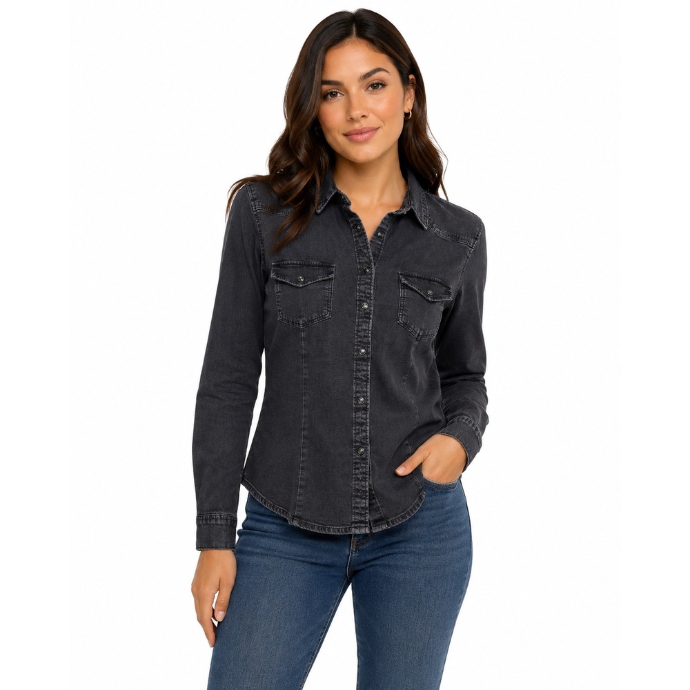 H&M Divided Womens Black Denim Western Snap Front Shirt Long Sleeve Washed Black